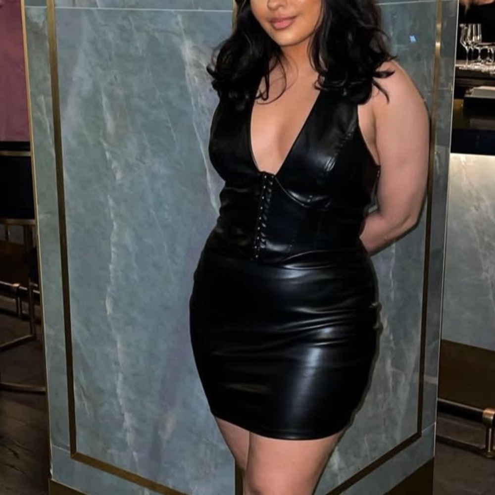 Steps NY Black Faux Leather Corset Halter Dress